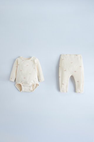 要出典 ZARA ベビー服 リブ プリント ボディスーツ&レギンス セット